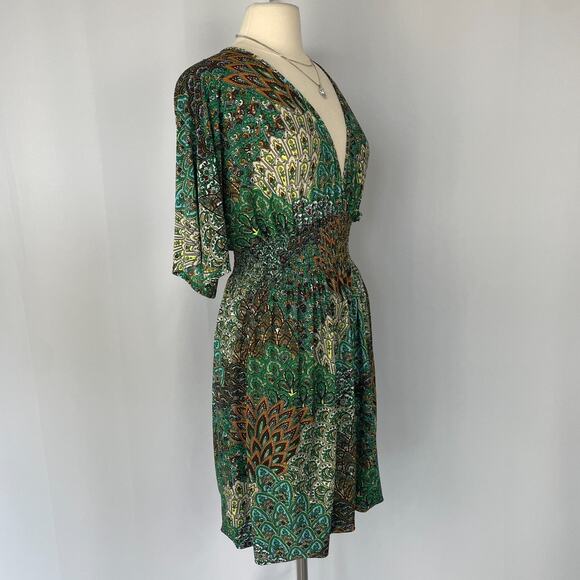 Y2K Mini Dress Green Geometric Print Babydoll Fairy Grunge Stretch Casual Boho - Picture 7 of 14